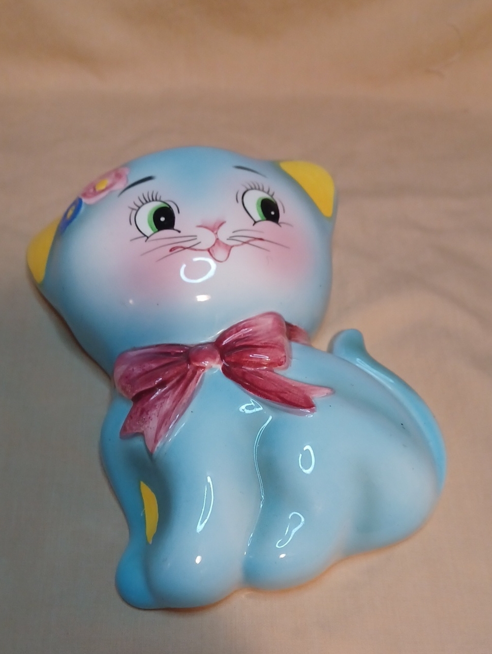 Vintage Blue Ceramic Kitten Figurine with Pink Bow Wall Pocket Norcrest